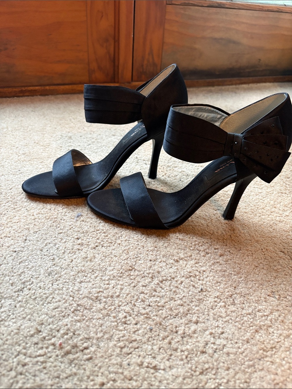 Nina Black Satin High Heel Sandals with Ankle Bow